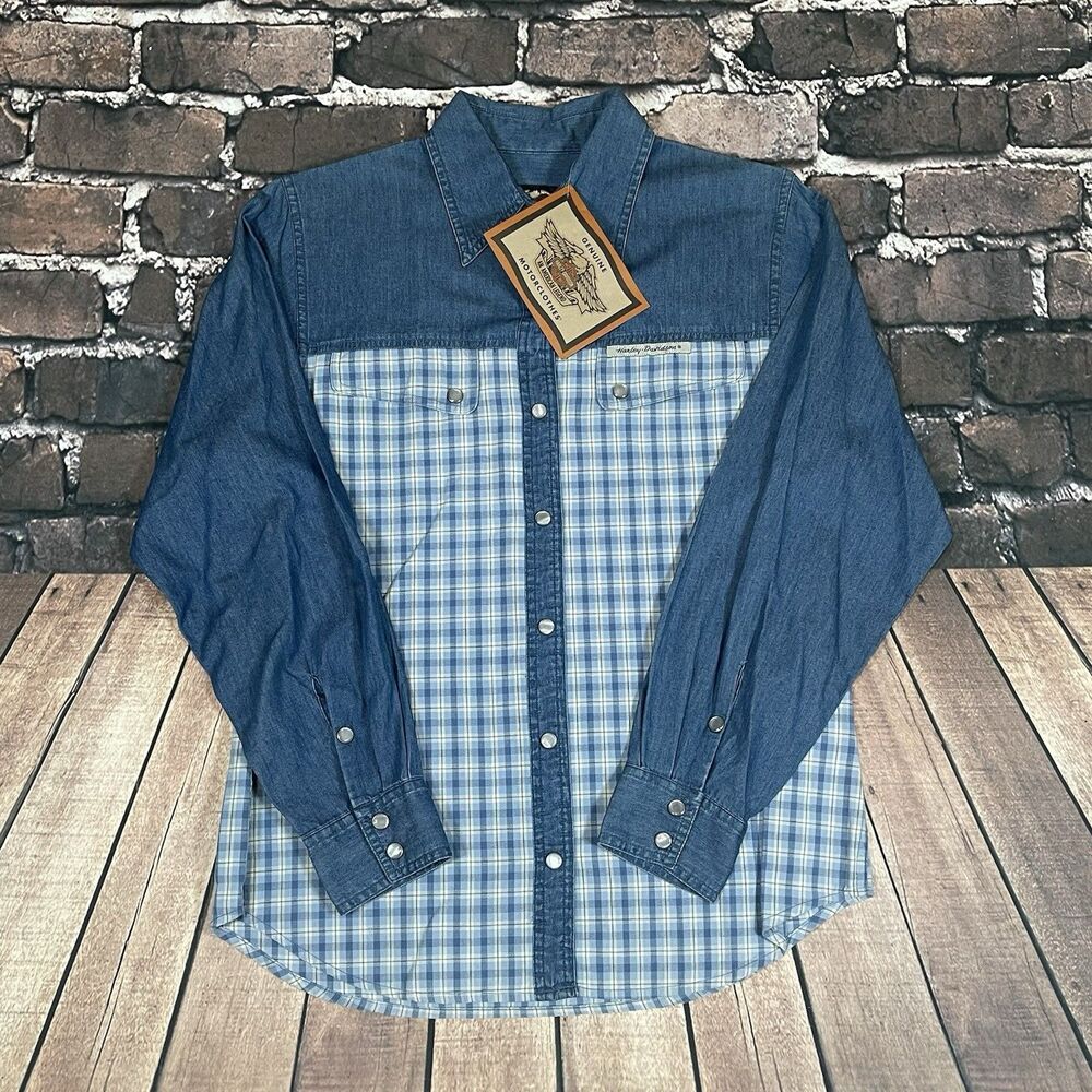Harley Davidson Womens Pearl Snap Denim Plaid Button Shirt Size Medium NWT